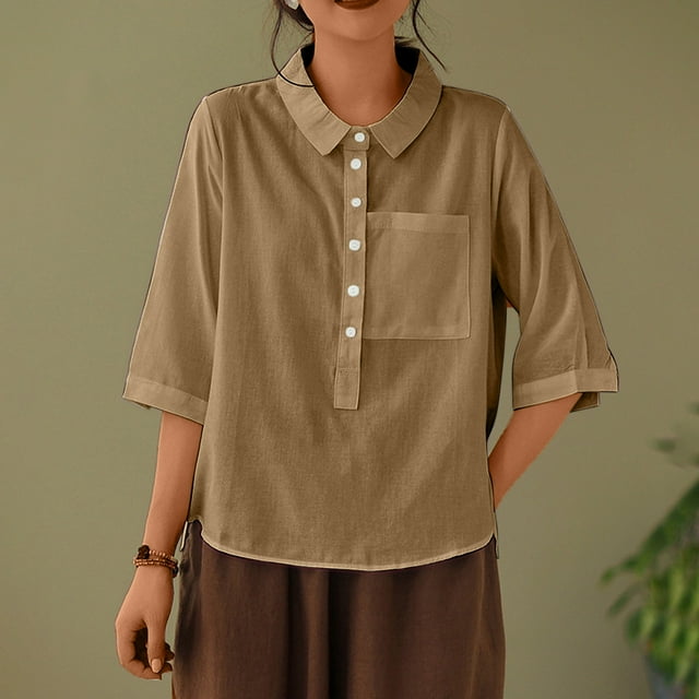 mfyjkho Tops Para Salir, Camisa Informal Holgada De Manga Corta Con Cuello En V Y Lino Para Mujer Tops Para Salir Xl