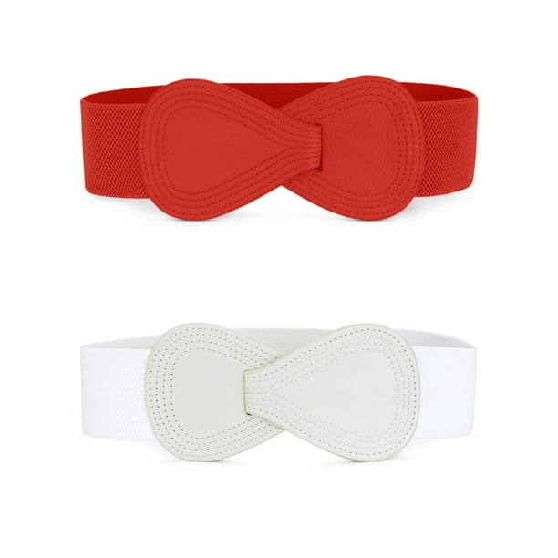 Cinturón Elástico Para Mujer Cinturones De Vestir Elásticos De Piel Sintética Flacos En Forma De 8 Blanco rojo 68.6cm/27