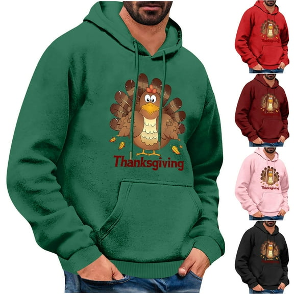 VBTAPA 2026 Thanksgiving Hoodies for Men Funny 3D Turkey Print Fleece Hooded Sweatshirt Loose Casual Pocket Hoodie Lightweight Drawstring Pullover Sweatshirts Green L
