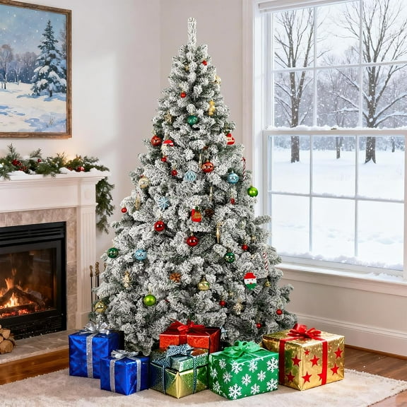 6FT Snow Flocked Artificial Christmas Tree with 800 Branch Tips,Fake Christmas Tree with Auto-Hinged & Foldable Stand,Snow Flocked Full Xmas Tree,White