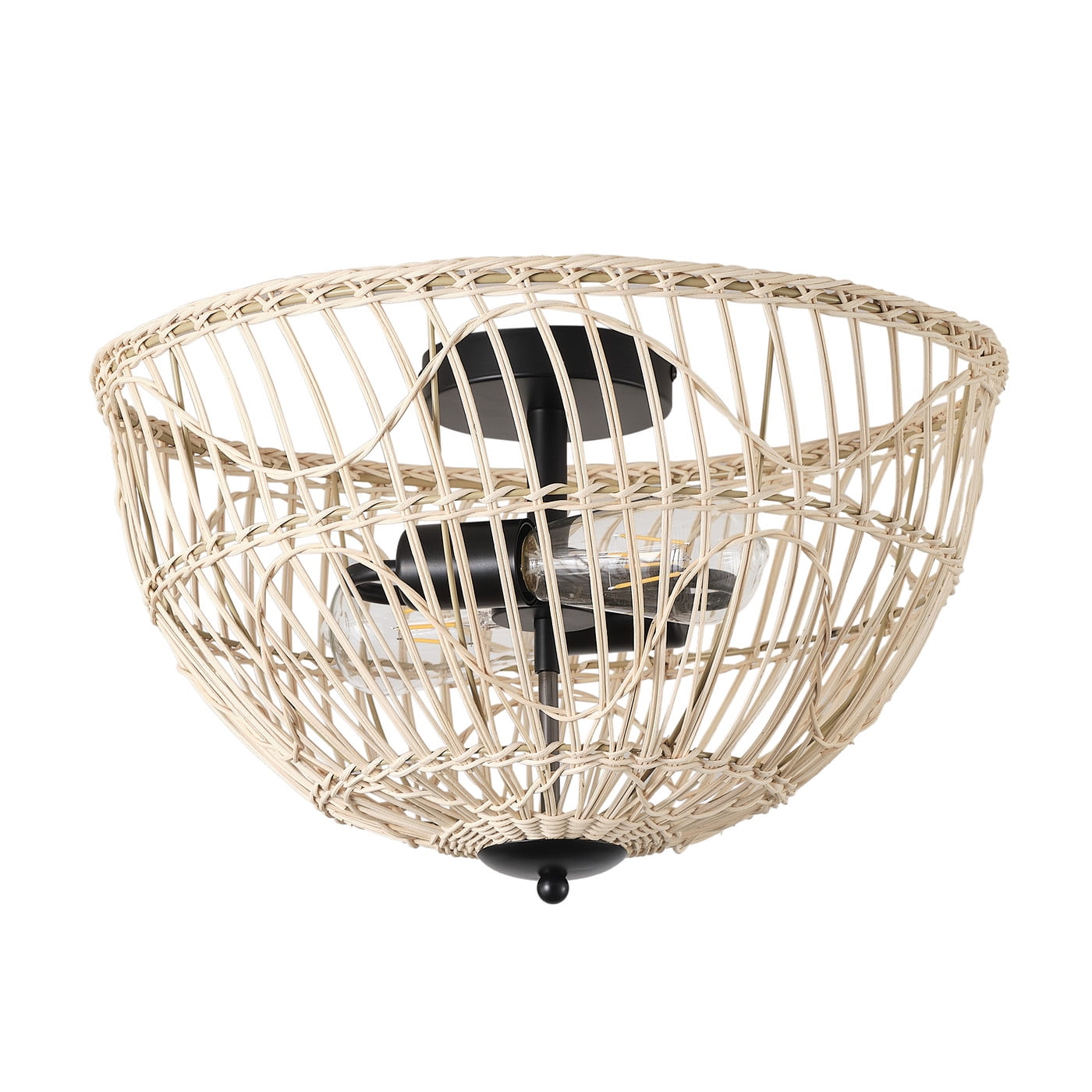 2-Light Boho Semi Flush Mount Ceiling Lighting, Retro Rattan Ceiling Lighting, Farmhouse Close to Ceiling Light for Living Room Bedroom kitchen