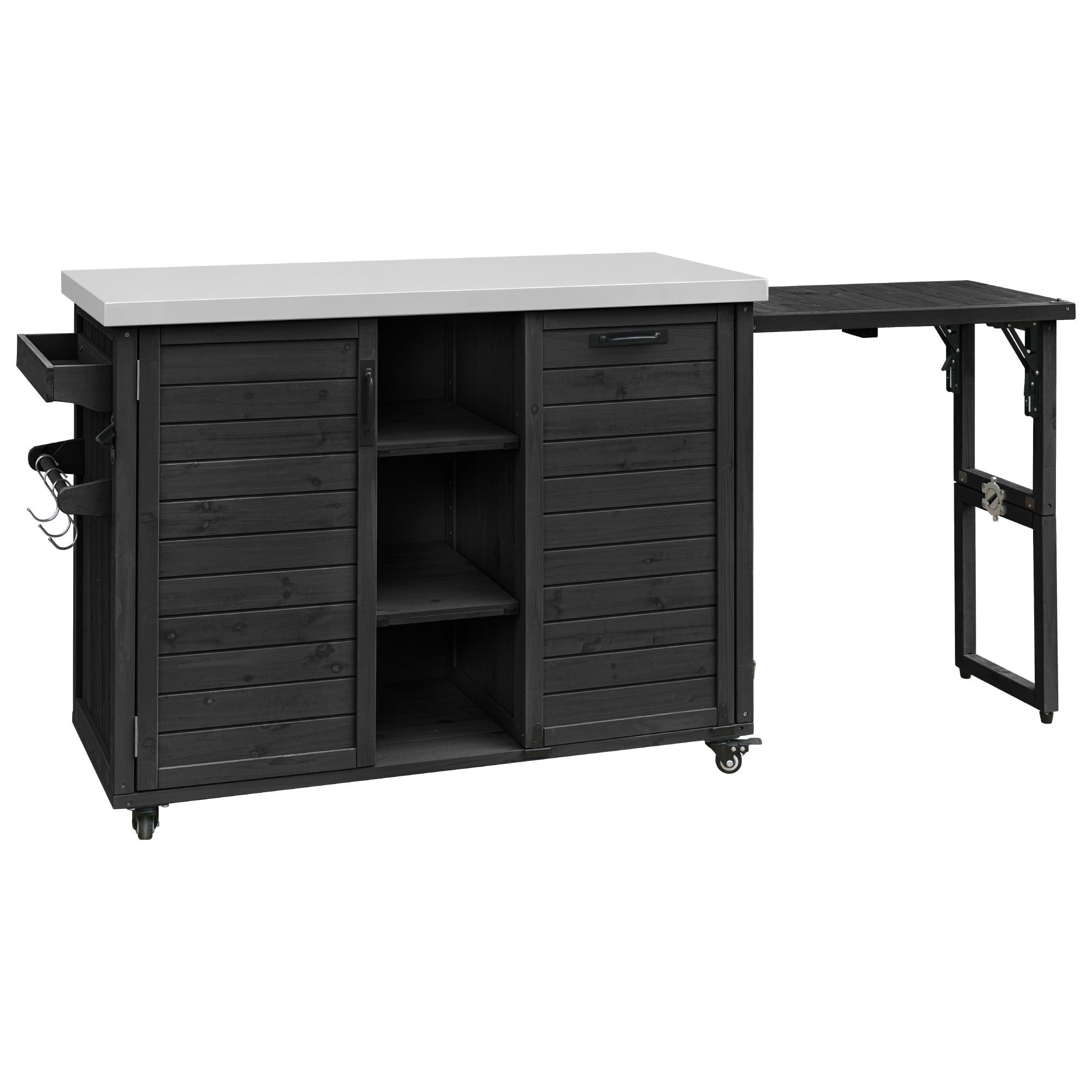 Euroco 78.3" Outdoor Kitchen Island with Foldable Grill Table, Wooden Outdoor Grill Cart with Trash Can Storage & Stainless Steel Top, Outdoor Bar Cart, Pizza Oven Table