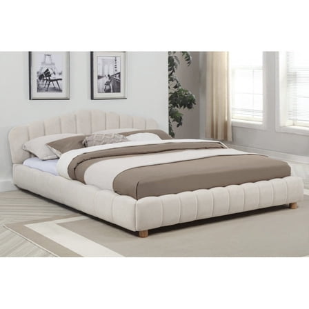 Beige Velvet Upholstered Queen Platform Bed, Modern Bedroom Wood Bed Frame