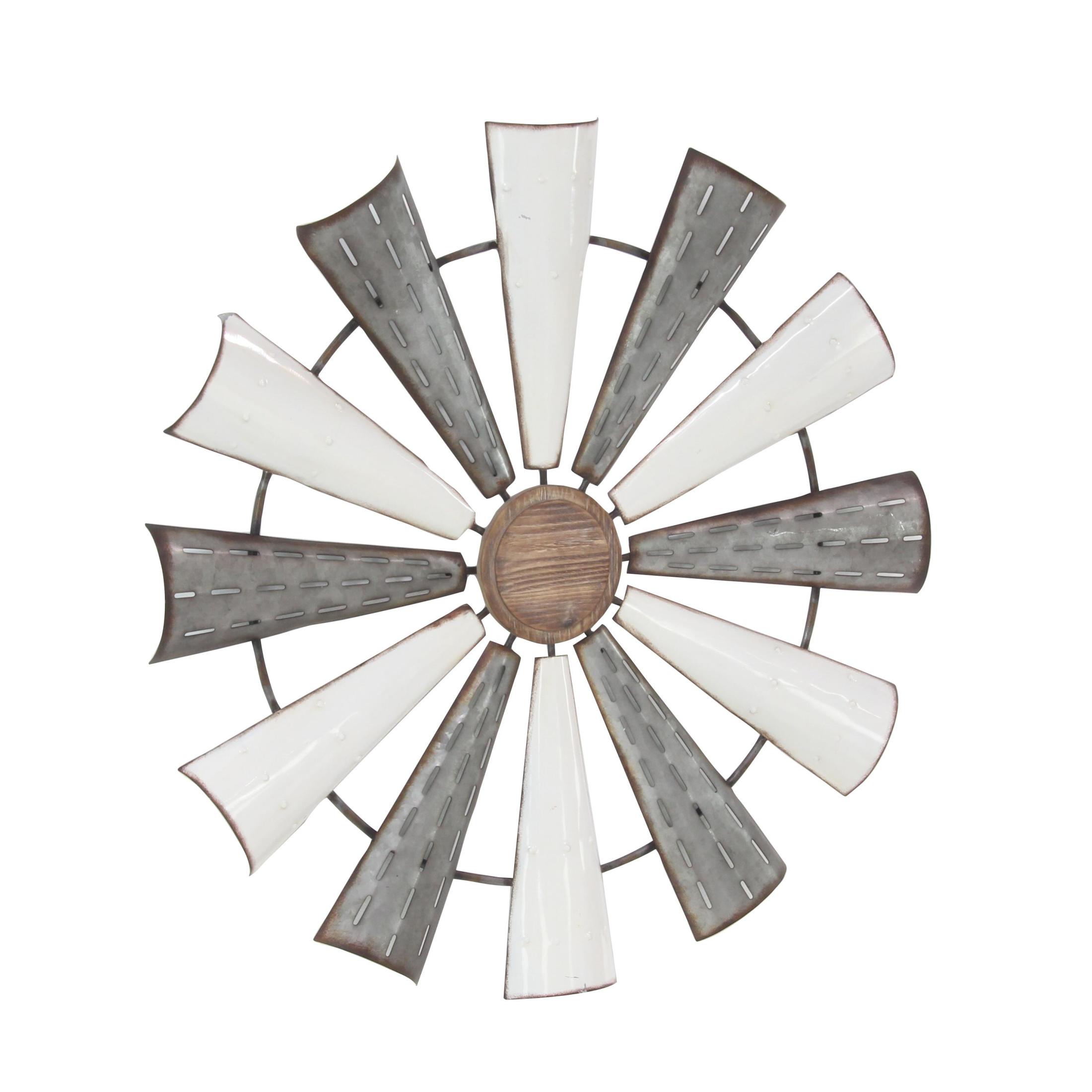 DecMode White Metal Windmill Wall Decor with Galvanized Metal Accents