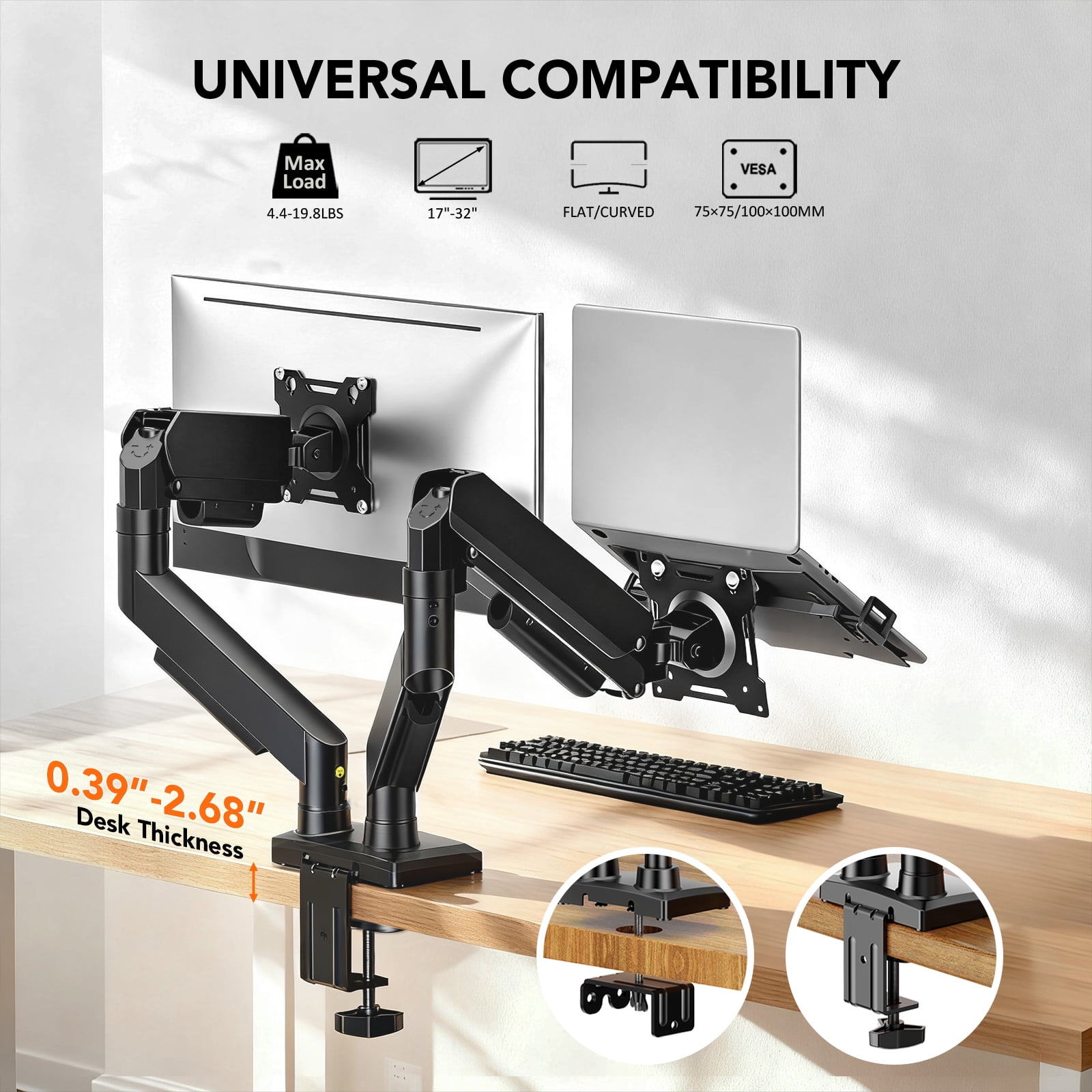 Dual Monitor Stand Adjustable Monitor Desk Mount for 17″–32″ Computer Screens, Full Motion VESA Pattern 75x75/100x100 with C-Clamp & Grommet Aluminum Base, Each Arm Holds 4.4 to 20 lbs HD09B-201