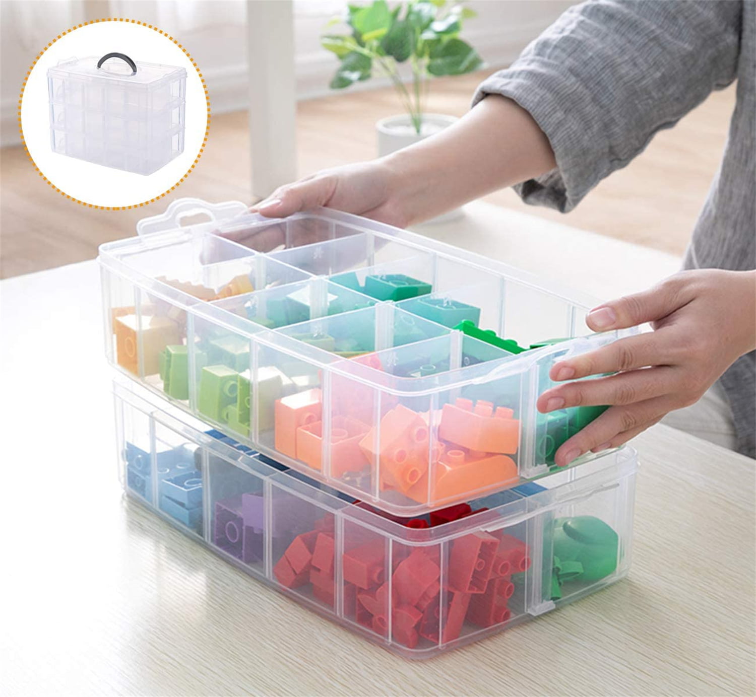 Guyuyii 3-Layer Stackable Craft Storage Containers - Plastic Craft Box Organizer with 30 Adjustable Compartments and Handle - Portable Beads Organizer
