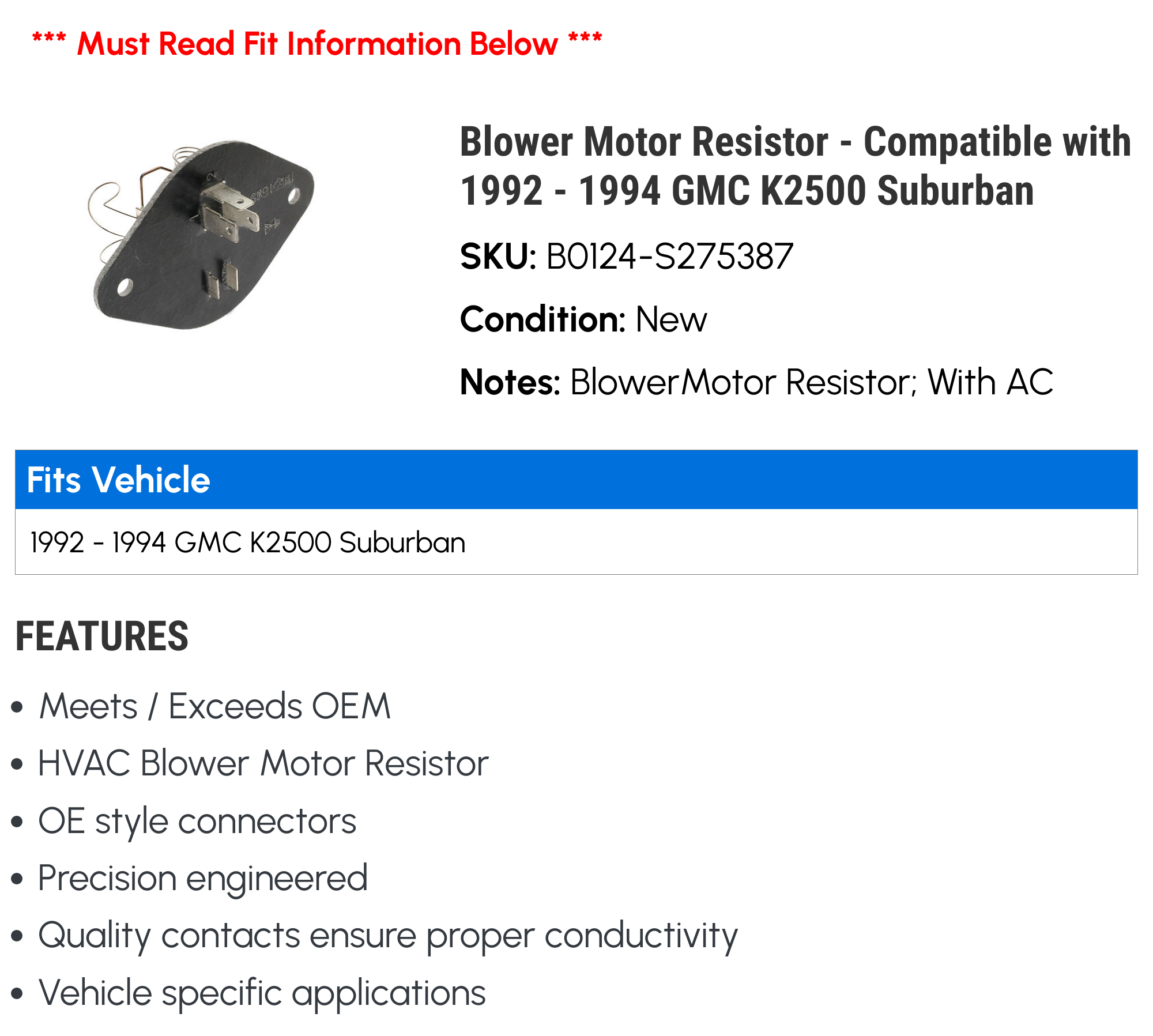 Blower Motor Resistor - Compatible with 1992 - 1994 GMC K2500 Suburban 1993