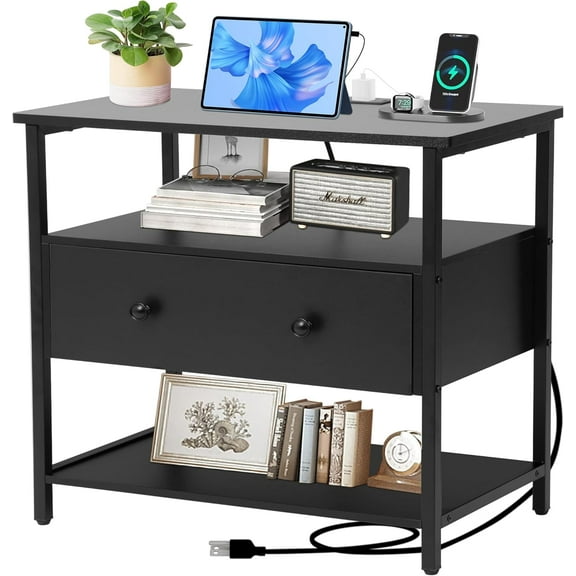 YEXJ 27 inch Nightstand Side Table with 1 Layer of Wooden Drawers,Nightstand with Charging Station,End Table Bedside Table with USB Ports and Outlets-1, Black