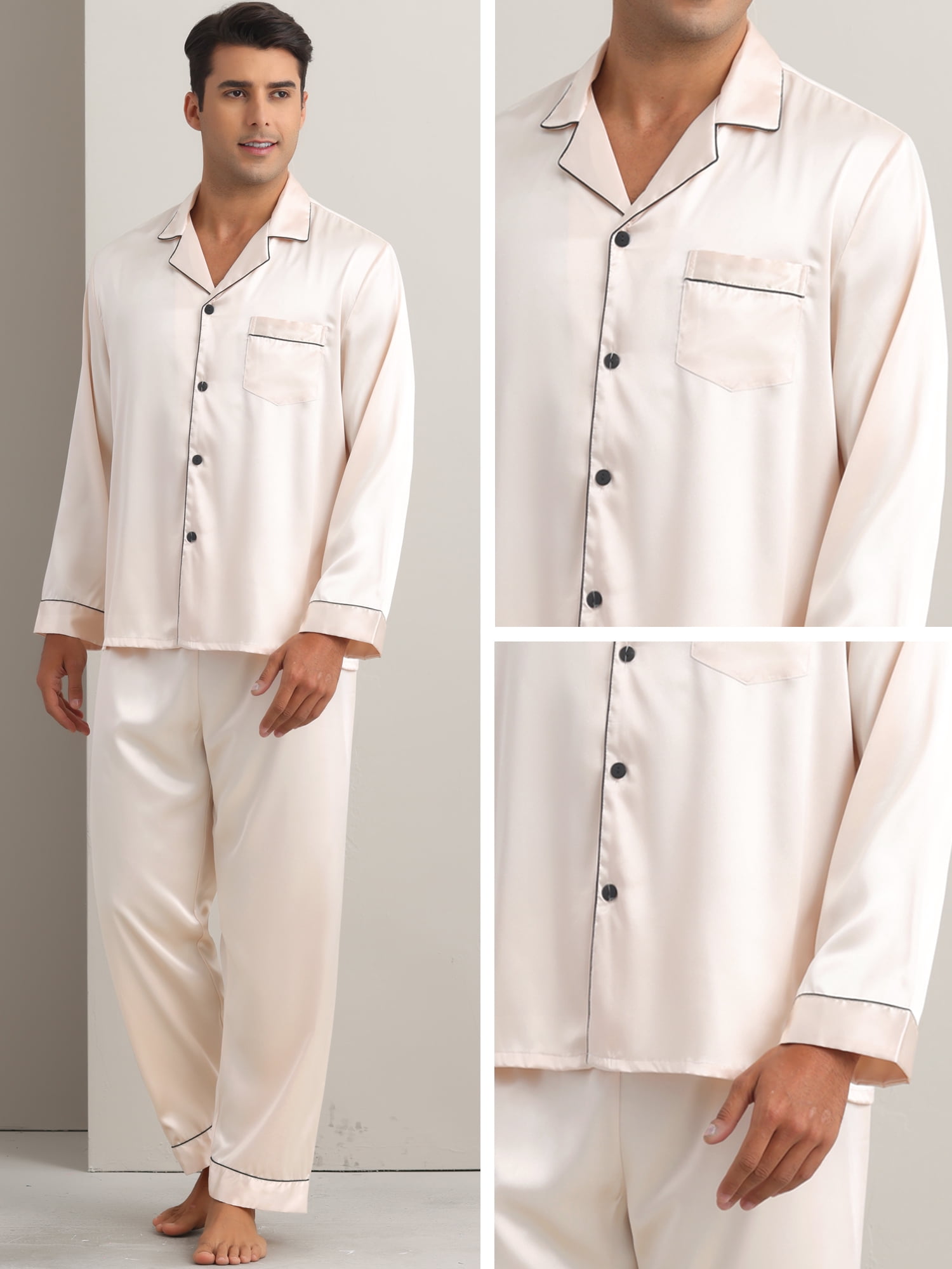 DARING DIVA Men's 2-Piece Homewear Button Down Long Sleeve Shirt S Champagne