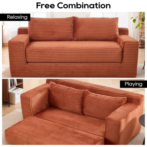 Loveseat Sofa with Memory Foam and Steel Frame, Convertible 2-in-1 Design with No Assembly for Small Spaces, Apartment, Home Office, Orange