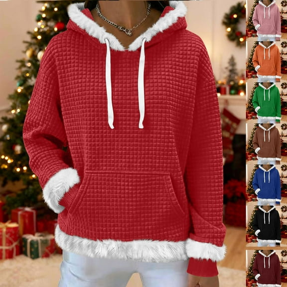 Visit the JURANMO Store Christmas Hoodies for Women Faux Fur Trim Long Sleeve Hooded Sweatshirts Waffle Knit Fashion Holiday Pullover Sweatshirt with Pocket Red S