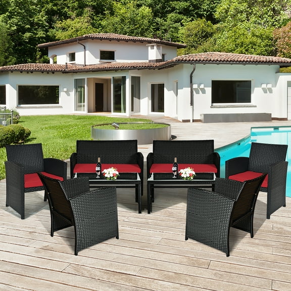 Costway 8PCS Patio Rattan Furniture Conversation Set Cushion Sofa Table Garden Red