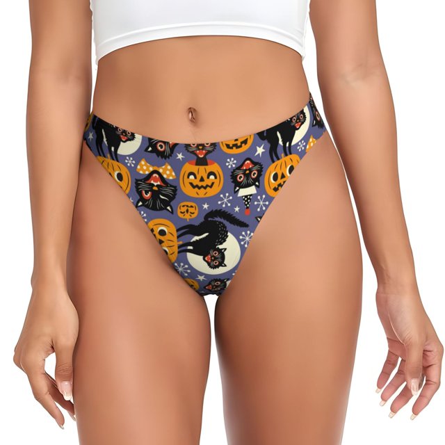 Fotbe Spooky Cats And Halloween Pumpkins Tanga Sin Costuras para Mujer con Estampado – Panties Invisibles, Transpirables y Cómodos para Uso Diario-Large
