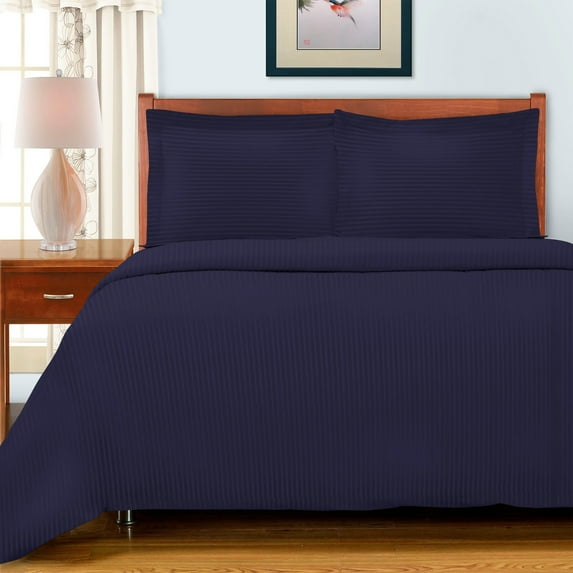 600 Thread Count 100% Egyptian Cotton Stripe Duvet Cover & Pillow Shams, 3-Piece Duvet Cover Set by Blue Nile Mills, Full/Queen, Navy Blue