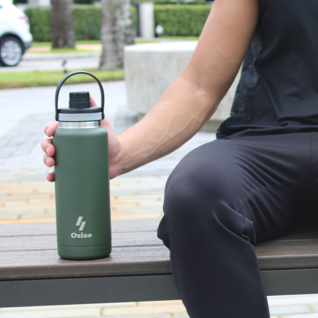 Ozizo Thermos for Water, 1 Liter Insulated Stainless Steel Bottle with Flip Top Lid, Leakproof Double Wall (2 Bottles)