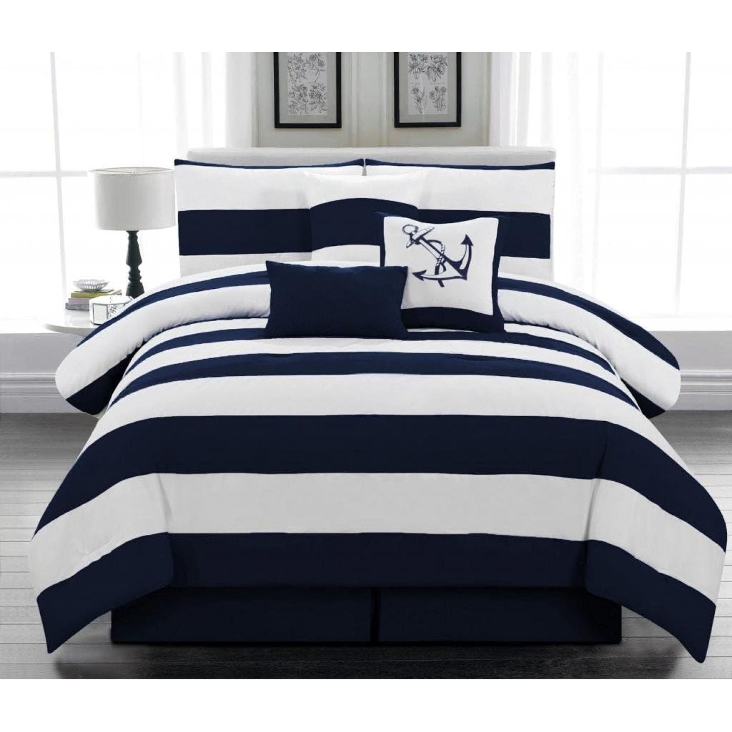 Dexusay 7pc. Microfiber Nautical Themed Comforter Set, Navy Blue and