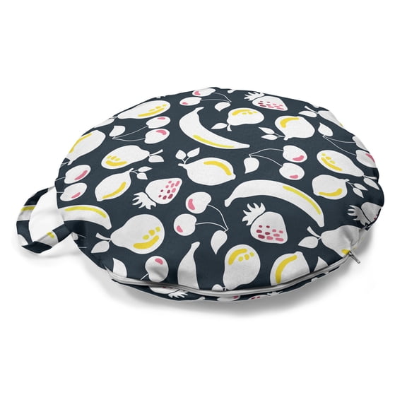 Fruits Round Floor Cushion with Handle, Summer Foods Apple Banana Cherry Strawberry Lemon Branches Fresh, Decorative Pillow for Living Room & Dorms, 18" Round, Dark Blue White and Yellow, by Ambesonne