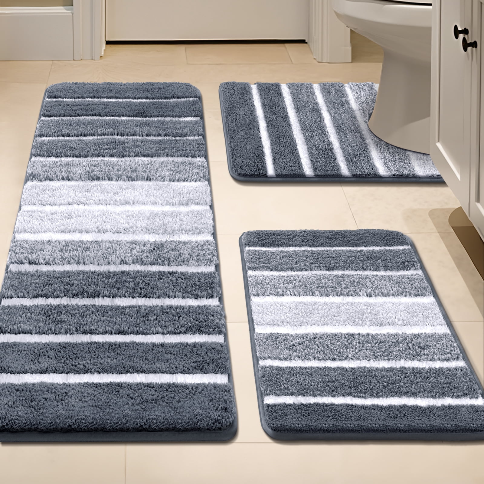 Findosom Bathroom Rugs Set of 3,Absorbent Non-Slip Machine Washable Bath Rugs, Microfiber Quick Dry Bath Mats for Bathroom Floor Tub Shower Bedroom Kitchen,18"x26"+18"x48"+U Shape 20"x24" Gray