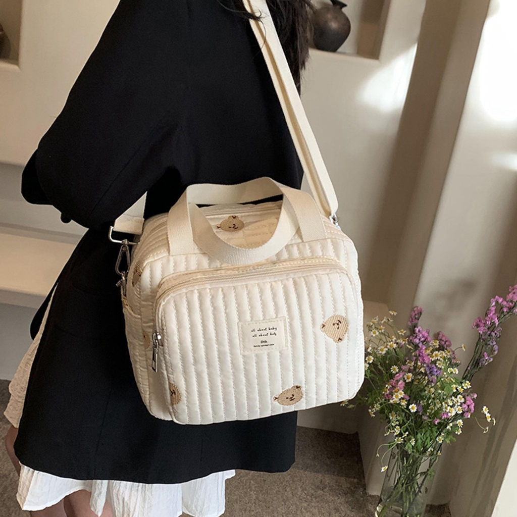 Jesscasday Embroidered Diaper Bag for Moms Fashionable Flower/Bear Printed Baby Nappy Bag