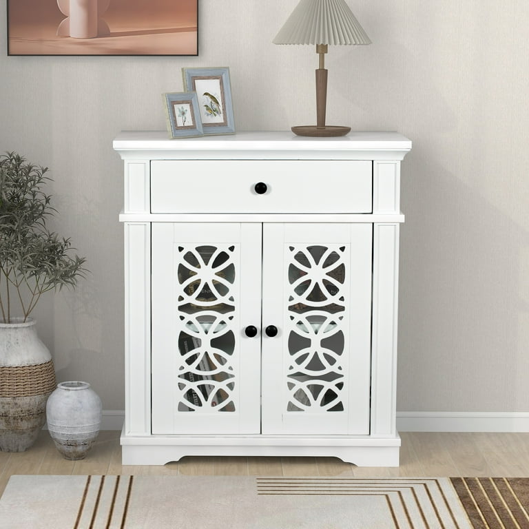 27 Inch Retro Console Table with 1 Large Drawer and Shelf Accent Freestanding Side Table with Fretwork Doors and Wide Tabletop Wood Entryway