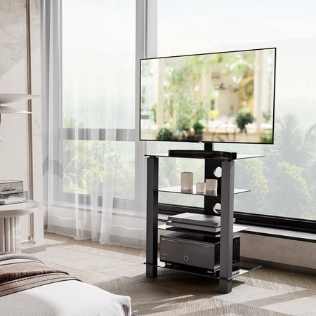 FITUEYES 4-Tier AV Media Stand Audio/Video Component Cabinet with Glass Shelf for/Apple Tv/Xbox One/ps4,Black