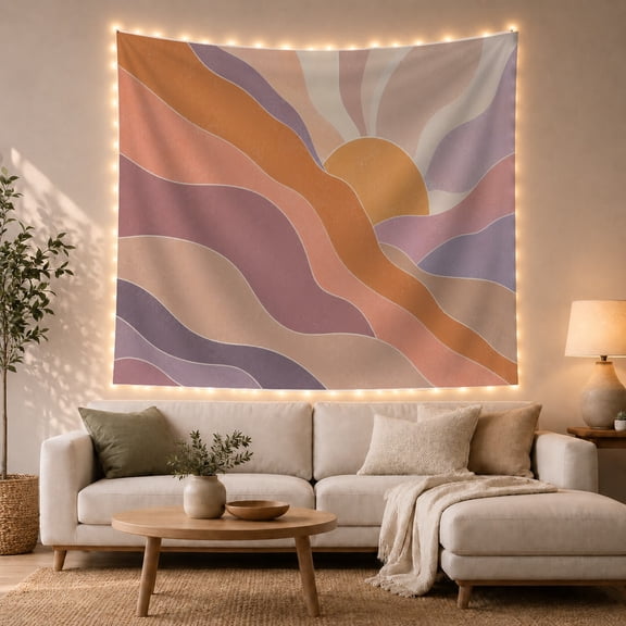 Abstract Landscape with Golden Sun and Wavy Hills, Nostalgic Retro Style for Bohemian Decor Lovers, Wall Art Decor, Birthday Gift Tapestry Wall Hanging for Bedroom and Living Room