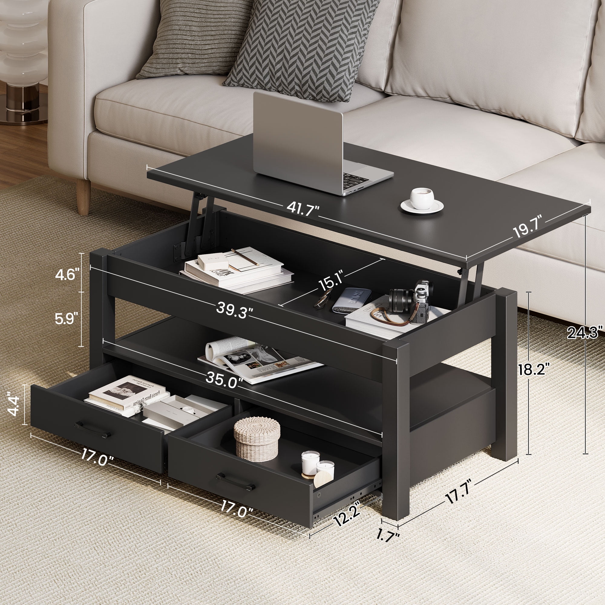 Greenstell Lift Top Coffee Table with 2 Drawers,39"Wide, Black