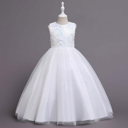 

KONBECA Toddler Girls Princess Dress Little Girls Party Wedding Dress Bow Tie Lace Flowers Mesh Tufted Dress Kids Pageant Flower Girl Sleeveless Dress Birthday Gifts for Girls White (9-10 Years)