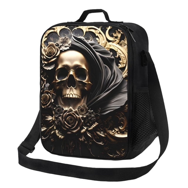 Fotbe Gold Rose Skull Lonchera Bolsa de Almuerzo para Hombres y Mujeres, Lonchera de Gran Capacidad, Bolsa de Almuerzo Reutilizable, Bolsa Térmica Aislante