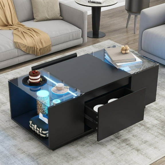 Led Coffee Table, Modern Center Table with High-Gloss Finish and Glass Tabletop, Coffee Table with Open Storage Compartment and 2 Hidden Drawers for Living Room, Black