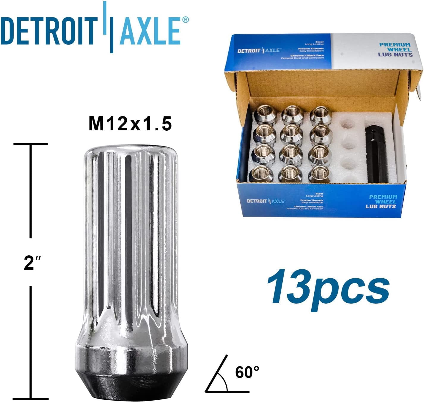 Detroit Axle - 12x1.5 Chrome Lug Nuts w/one Key Replacement for Saab 9-7X Chevy Trailblazer SSR GMC Envoy Buick Rainier Isuzu Ascender - 13pc Set