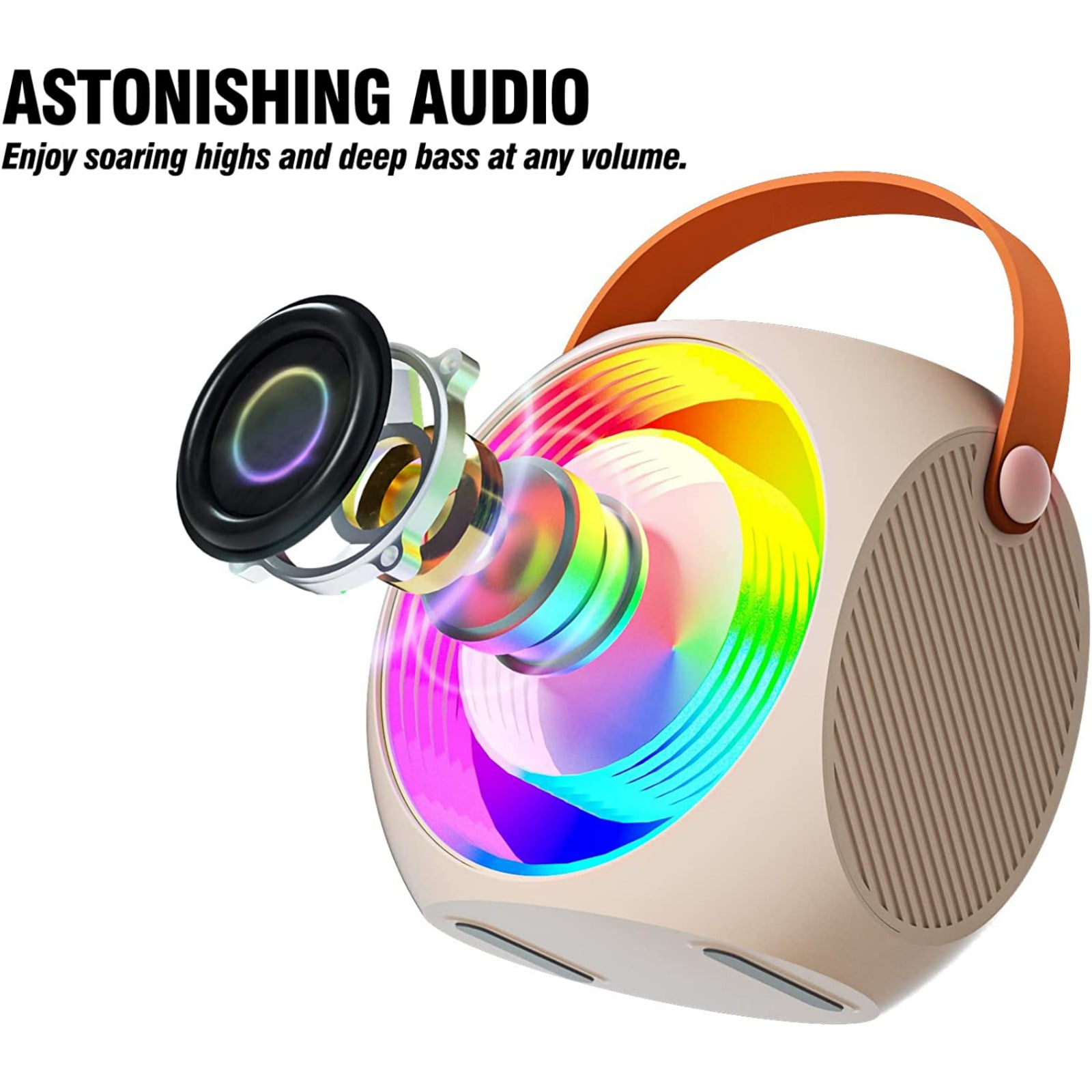 Mini Karaoke Machine, Portable Wireless Speaker with 2 Wireless Microphones, Compatible with Bluetooth-Enabled Devices, for Children and Adults, with LED Lights.-White
