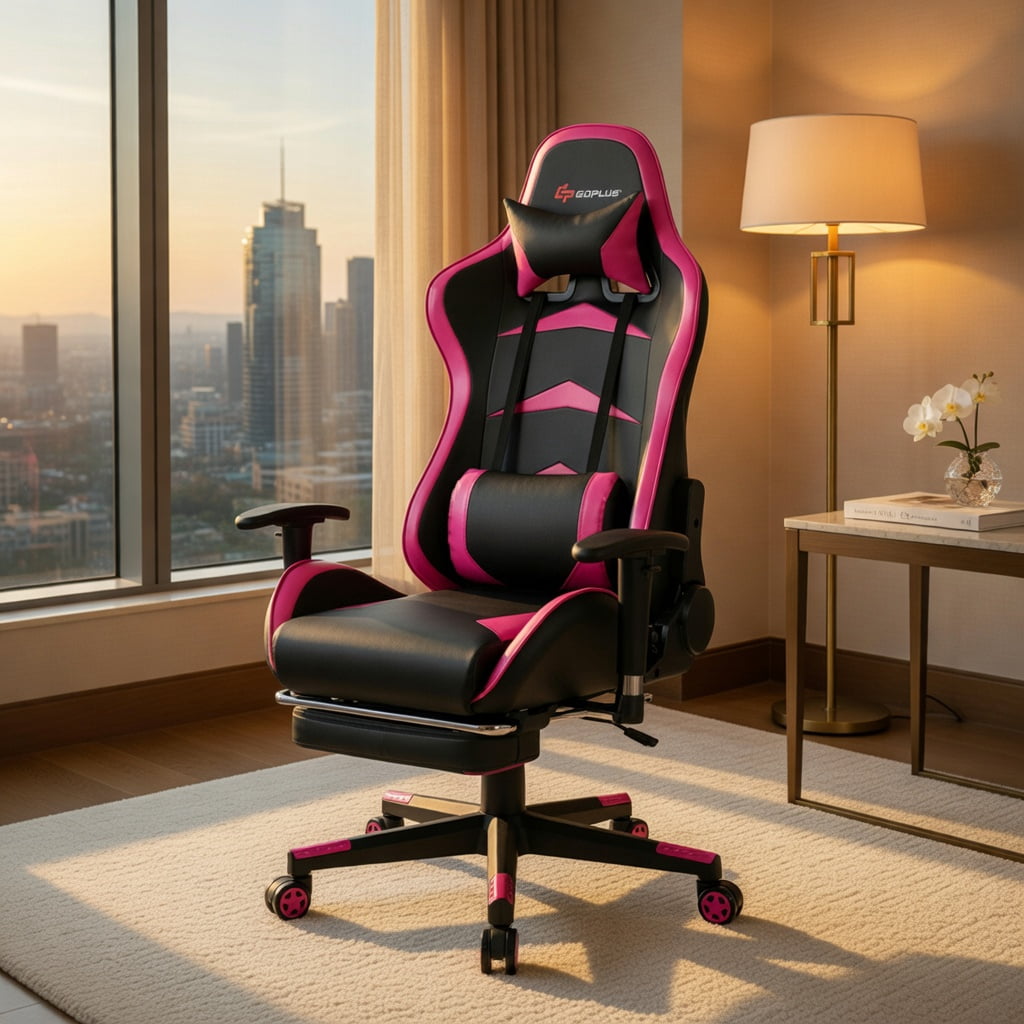 Demi Bonn Massage Gaming Chair with Footrest, Computer Chair with Headrest and Lumbar Support, Pink