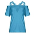 thumbnail image 4 of RKZDSR Women Tshirts Graphic,Plus Size Summer Womens Cold Shoulder Blouse Short Sleeve Cute Plain Tees Sexy V Neck Lace Crochet Patchwork Tunic Tops Blue#01 XXXXXL, 4 of 6
