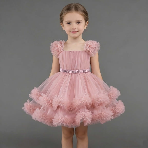 ZHOGXU Big Kids Girls Dress Sleeveless Suspenders Solid Color Mesh Comfortable Stylish Tutu Dresses For Party And Performance Light Pink 18-24 Months