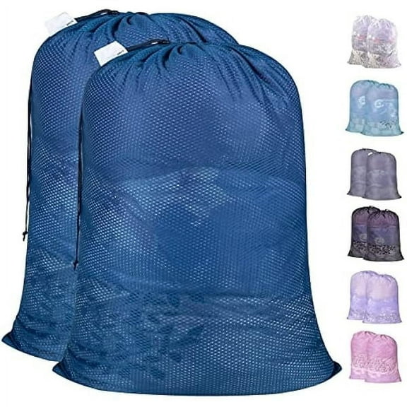 Heavy Duty Large Mesh Laundry Bags with ID Tag and Locking Drawstring Closure - 2 Pack, 24 x 36 inches - Laundry Hamper Liner, Washable Laundry Bag for Travel, Sports, Dorms (Blue)