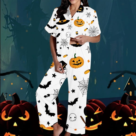 Blmnix Women Pjs Sets Plus Size Bamboo Pajamas Sleepwear Sets Halloween Pajamas Pajama Collared Wide-Leg Black Short Sleeve Full Womens Summer Pajamas,S