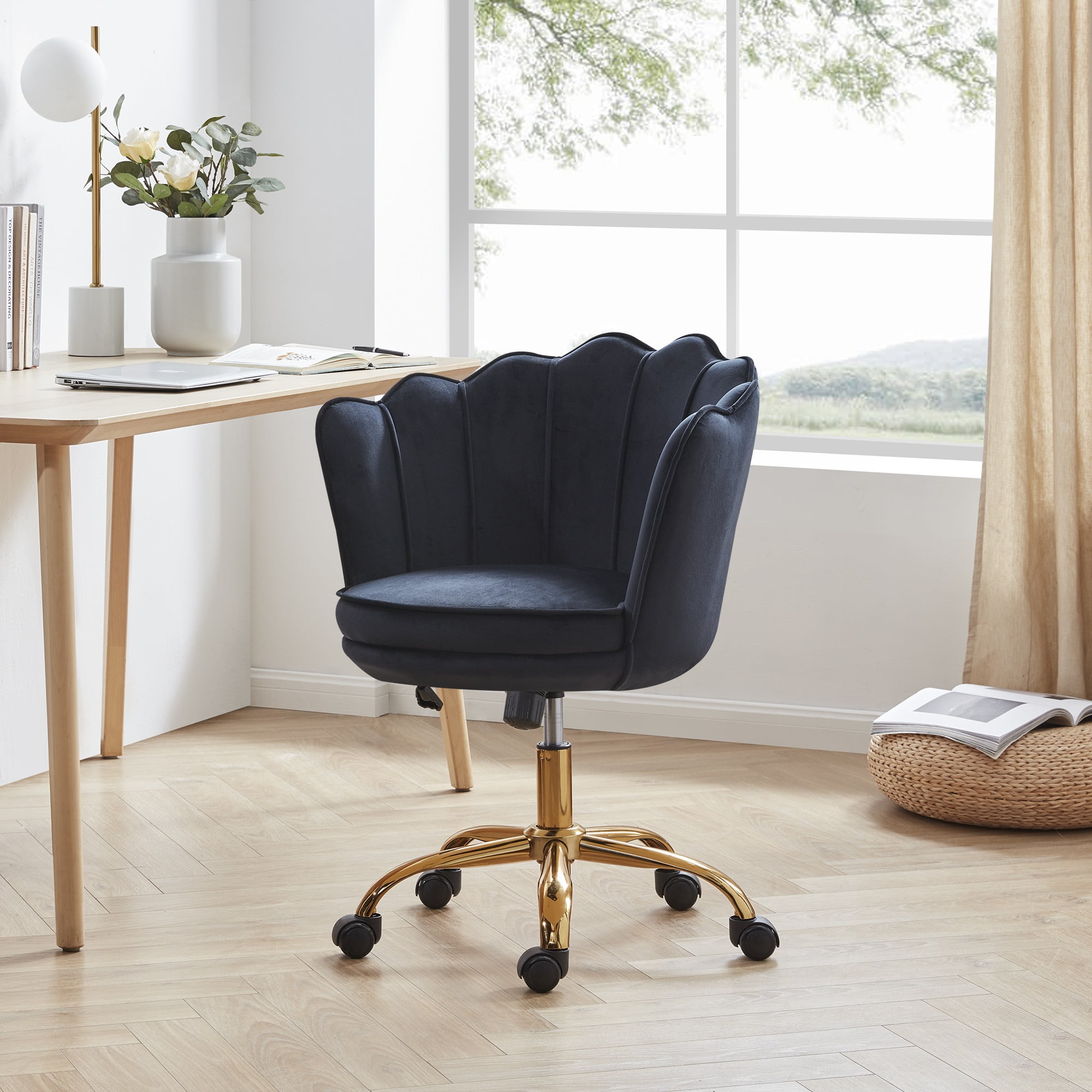 BELLEZE Kaylee Office Chair Upholstered Velvet Seashell Swivel Desk Chair Task Chair Height Adjustable Golden Leg, Black