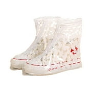 SHOEGIRLS Women Waterproof Shoe Covers Slip-Resistant Reusable Overshoes with White Leopard Grain,M