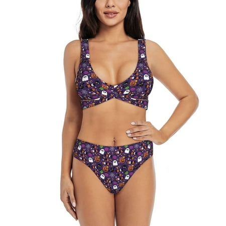 Zeuib Halloween Sweet Candy High Waisted Tummy Control Bikini Set - Knot Front Push Up Top & Cheeky Thong Bottom  Two-Piece Swimsuit for Women-Large