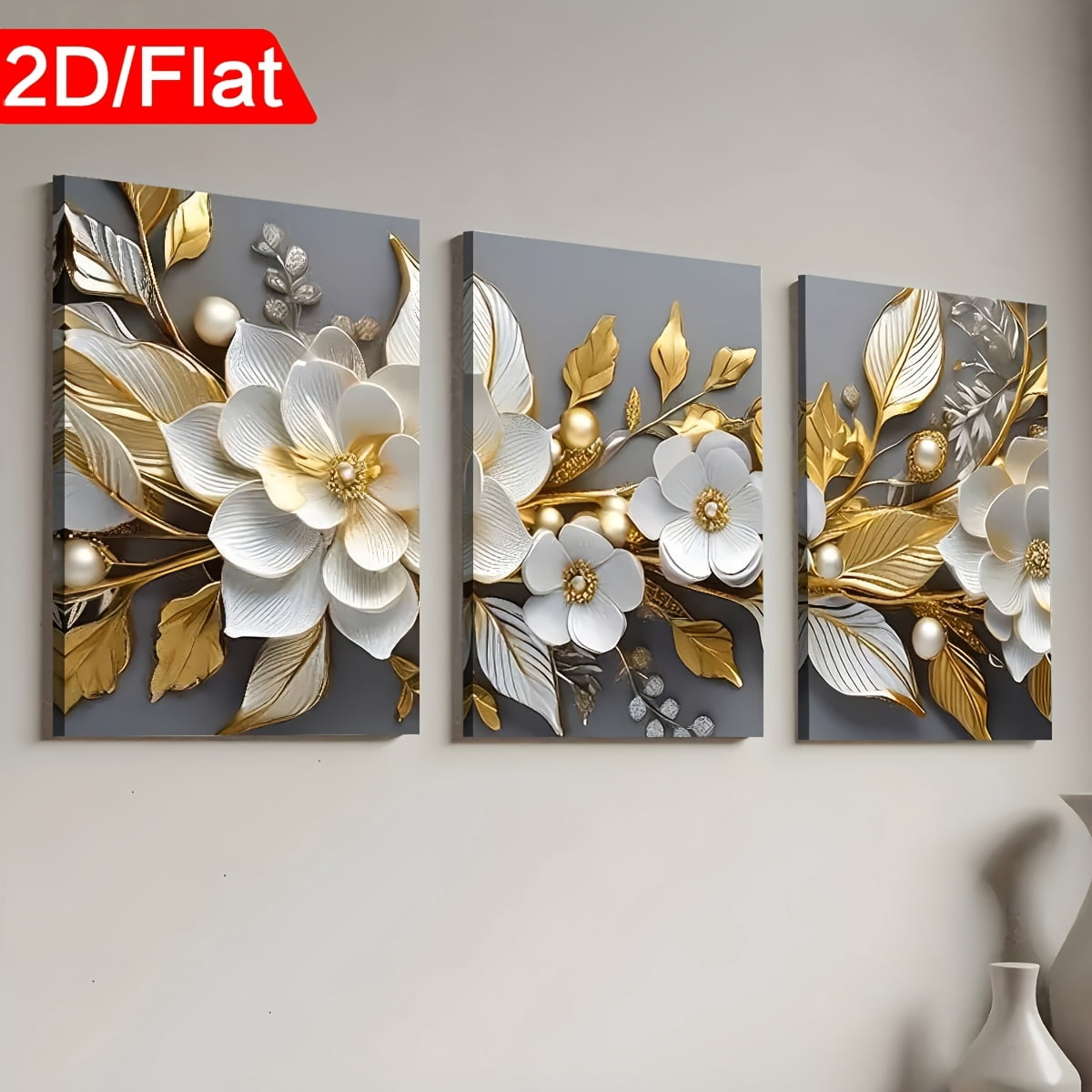 2D Flat Three Pieces of Modern Stylish Abstract Floral Art in 2D Print, Featuring Framed Canvas Paintings And Posters That Are Ready to Hang. Perfect for Home Decor, Wall Art