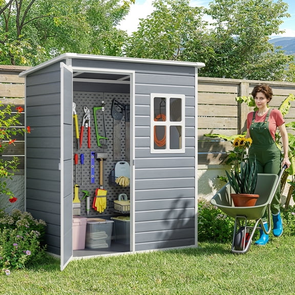 Asofer 6x4ft Resin Storage Shed, Plastic Outdoor Shed with Floor, Side Window, Lockable Door for Backyard, Garden, Patio, Gray