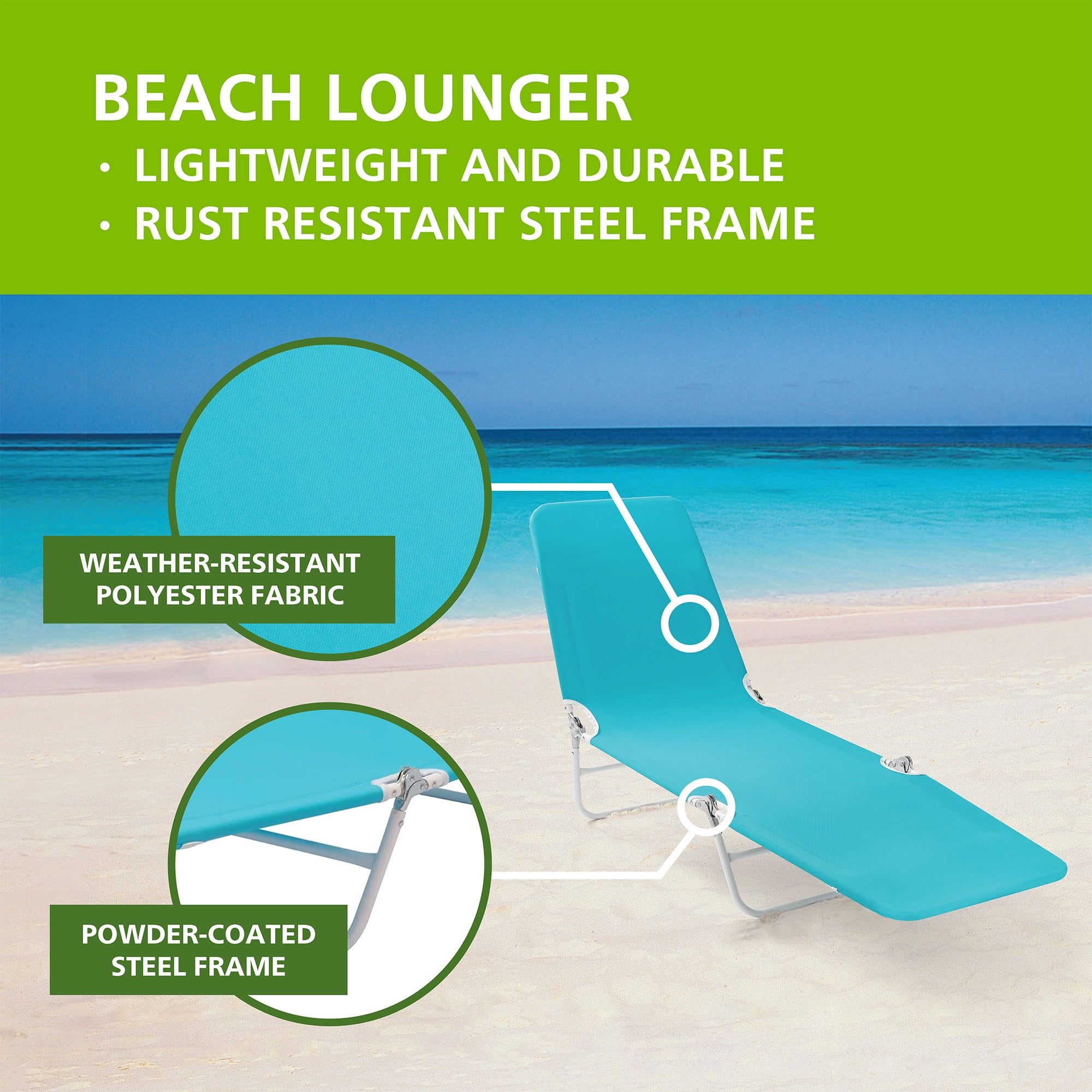 Mainstays Folding Adjustable Back Fabric Beach Lounger, Turquoise