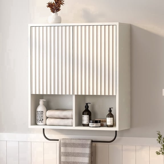 EYYTHUNG Fluted Wooden Medicine Cabinet Storage, White Bathroom Wall Cabinet with 2 Doors Adjustable Shelf and Towels Bar