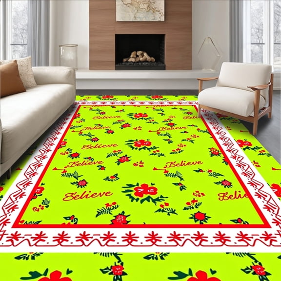 ODIKA 4'x6' Machine Washable Non-Slip Area Rug, Festive Believe Holiday Decorative High Traffic Rug, Green, 623360