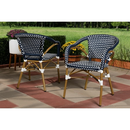 French Style Metal Outdoor Furniture Set of 2 Baxton Studio Eliane Classic French Indoor and Outdoor Navy and White Bamboo Style Stackable Bistro Dining Chair Set ()