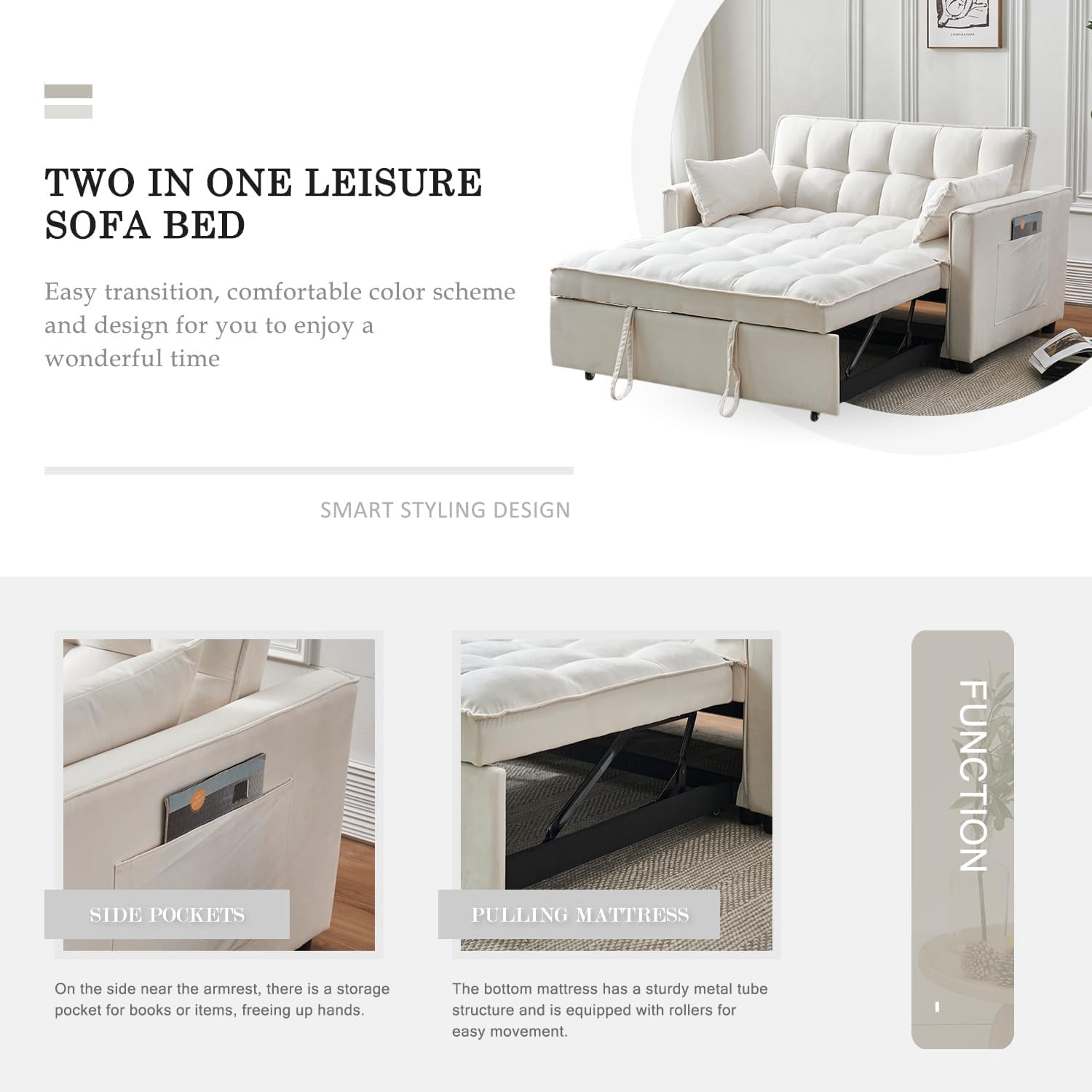 DEALTOPS Convertible Loveseat 55" 3-in-1 Multi-Functional Pull-Out Bed, White Velvet