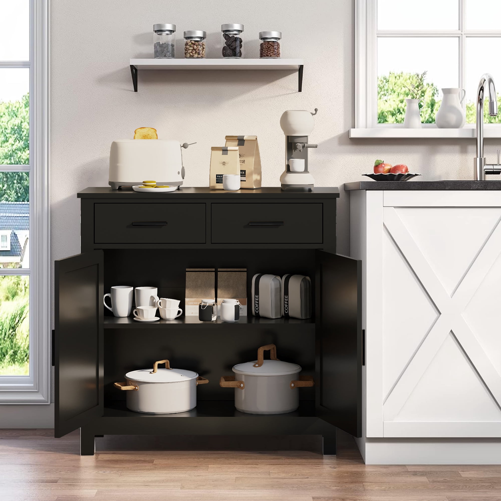 HOQBN Kitchen Storage Cabinet,Modern Farmhouse Buffet Cabinet with 2 Drawers & 2 Doors,Coffee Bar Sideboard for Living Room Dining Room, Black