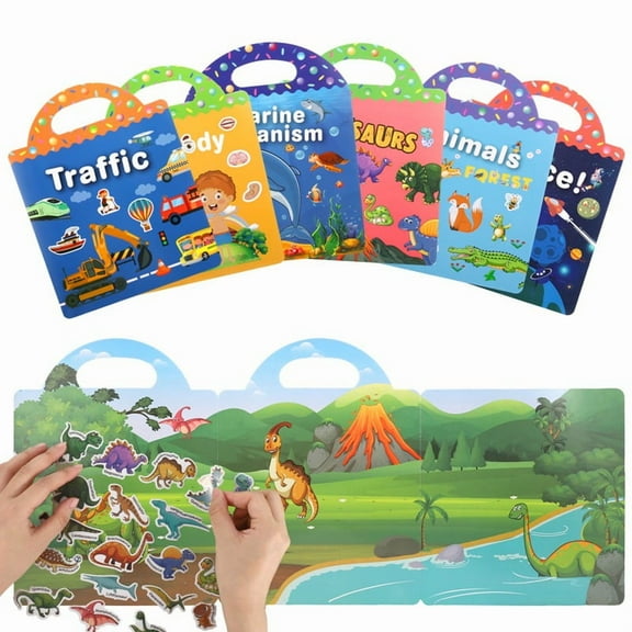 Armscye 6 Set Puffy Sticker Books for Kids 2-4, 3D Reusable Stickers Books for Toddlers 1 2 3 4, Animal Dinosaurs Ocean World Space Vehicle Human body structure