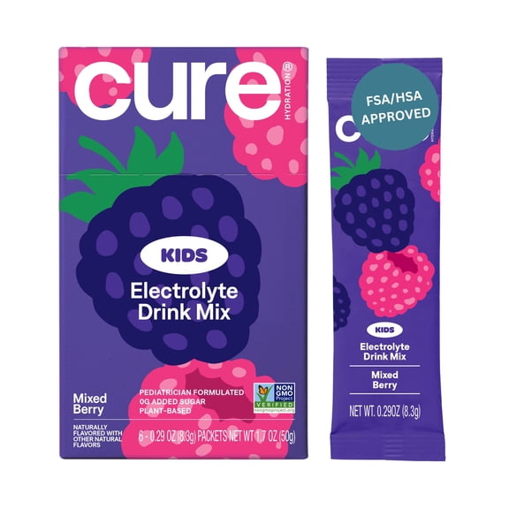 Cure Hydration Kids Flavored Coconut Water Electrolyte Drink Mix, 6 Count, Mixed Berry, FSA and HSA eligible